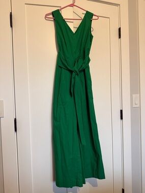 J. Crew Bright Green V-Neck Tie-Waist Sleeveless Jumpsuit